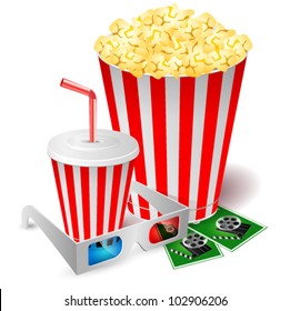 Popcorn with 3d glasses. Vector illustration