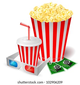Popcorn with 3d glasses. Vector illustration