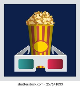 popcorn and 3D glasses vector illustration on a blue background
