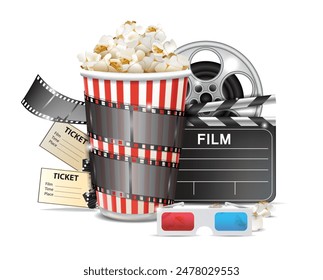 Popcorn and attributes of cinema. Vector illustration