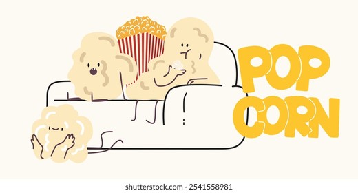 Plano de fundo pipoca. Personagens engraçados bonitos de milho kawaii pop. Diferentes emoções no rosto. Ícone vetorial de comida de cinema. Cartaz de entretenimento cinematográfico. Assistindo a um filme com pipoca