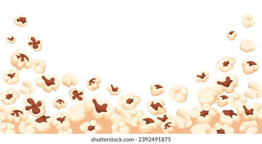 Popcorn background. Flying popping corn, movie fast food horizontal border and cinema snacks frame vector illustration of cinema snack food popcorn