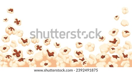 Popcorn background. Flying popping corn, movie fast food horizontal border and cinema snacks frame vector illustration of cinema snack food popcorn