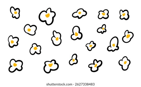Fundo de pipoca — ilustração estilo doodle desenhado à mão com pipoca de caramelo para temas de cinema. Design vetorial em branco, perfeito para embalagens, cartazes, panfletos e projetos relacionados a lanches.