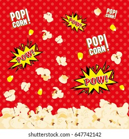 Popcorn background retro comic style with speech bubbles on dotted red background