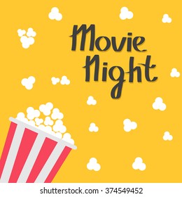 Popcorn bag. Cinema icon in flat design style. Left side. Movie night text. Lettering. Vector illustration