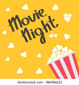 Popcorn bag. Cinema icon in flat design style. Right side. Movie night text. Lettering. Vector illustration