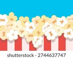 Popcorn. Bag of popcorn. Popcorn with stripped box vector background. Sweetcorn. Striped paper box with popcorn. Vector illustration