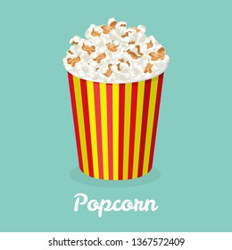 Popcorn banner. Paper packaging in red-white strip with popcorn. Advertising poster. Vector illustration of  tasty snack in cartoon simple flat style.
