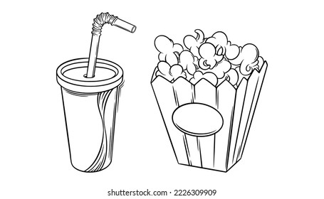 Popcorn basket and cola sketch. Cinema pop corn in doodle style. Vector illustration isolated on white background