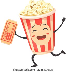 Popcorn basket with movie ticket. Happy caroon character isolated on white background