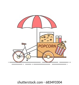 Popcorn bicycle - cart on wheels with sweet dessert isolated on white background. Flat line vector illustration of food and drink kiosk.