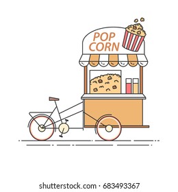 Popcorn bicycle - cart on wheels with sweet dessert isolated on white background. Flat line vector illustration of food and drink kiosk.