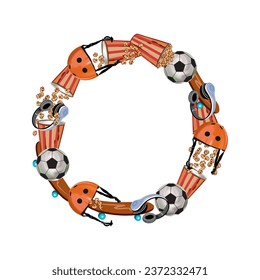 Popcorn, bicycle helmet, soccer ball, headphones. Circular object wreath. Vector illustration. Greeting cards, invitations, banners, flyers, posters.