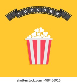 Popcorn. Big film strip round wave ribbon line with text. Red white box. Cinema movie night icon in flat design style. Yellow background. Vector illustration