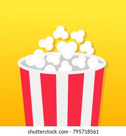 Popcorn big round box. Movie Cinema icon in flat design style. Pop corn popping. Yellow gradient background. Fast food. Vector illustration