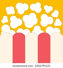 Popcorn caja de tira roja blanca de gran tamaño. Icono de noche de cine. Pop maíz comida sabrosa. Estilo sencillo y moderno. Plantilla de Anuncio de dibujos animados lindo. Diseño plano. Fondo amarillo. Aislado. Ilustración vectorial