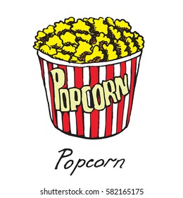 Popcorn in big striped box, hand drawn doodle, sketch in pop art style, vector