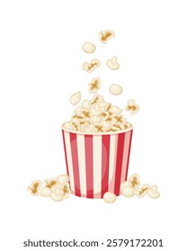 Popcorn. A big striped bucket of popcorn. Snacks. The vector illustration is isolated on a white background