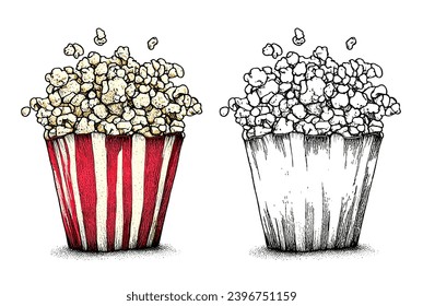 popcorn black and colored vector illustration, vintage sketch