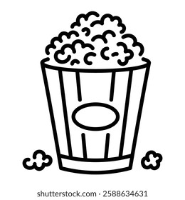 Popcorn black round line vector icon with editable stroke, symbolizing cinema snack, party treat.