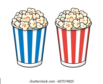 Popcorn in blue and red striped bucket boxes isolated.