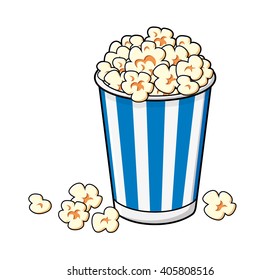 Popcorn in a blue striped bucket illustration.