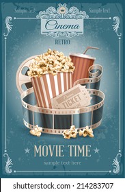 Popcorn bowl, disposable cup for drinks with straw, film strip and ticket. Cinema attributes. Detailed vector illustration. 