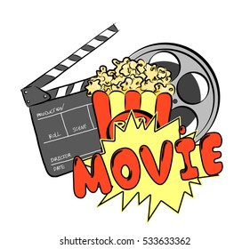 Popcorn bowl, film reel, clapper. Cinema attributes.