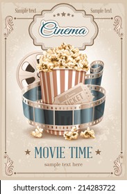 Popcorn bowl, film strip and ticket. Cinema attributes. Detailed vector illustration. 