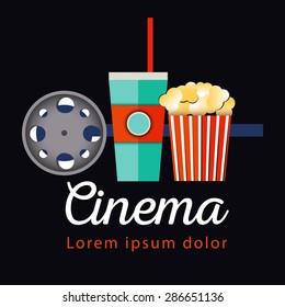 Popcorn bowl, film strip and ticket. Cinema attributes. Detailed vector illustration.
