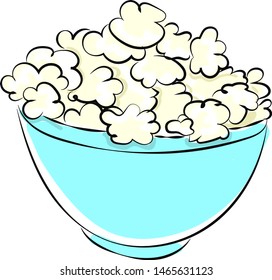 Popcorn in bowl, illustration, vector on white background.