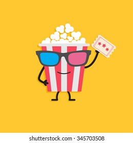 Popcorn box in 3D glasses. Character with face, legs and hand holding ticket. Cinema icon Flat design style. Vector illustration