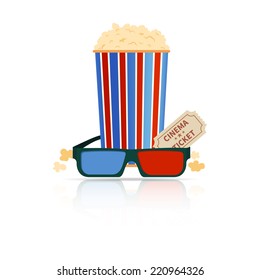 Popcorn box, 3D glasses and ticket cinema 