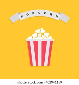 Popcorn box. Big round wave white ribbon line with black text. Cinema movie night icon in flat design style. Yellow background. Vector illustration