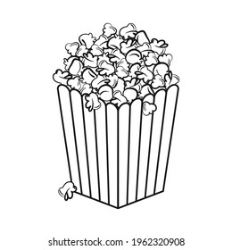 Popcorn box or bucket full of popcorn for cinema snack food concept in outline vector icon