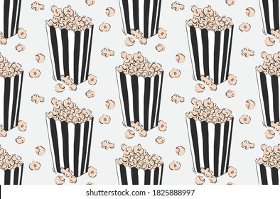 Caja de palomitas con bolas alimenticias en un patrón de envase a rayas. Diseño de cine sencillo y moderno. Ilustración del patrón alimentario. Ilustración moderna del contorno.
