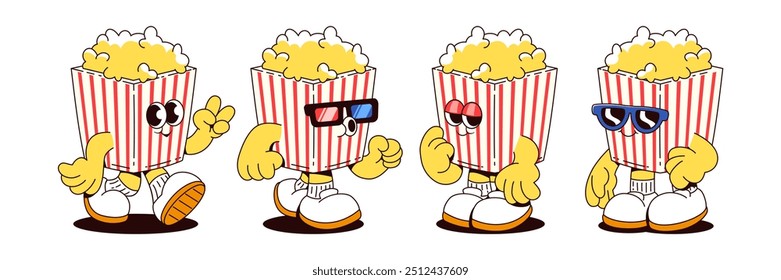 Popcorn box characters set isolated on white background. Contemporary vector cartoon illustration of red striped packages with crunchy snack walking, smiling, flirting in sunglasses, cinema mascot