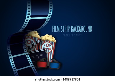 Caja de palomitas, gafas de cine y tablero de papel en el fondo de la tira de película. Plantilla de afiche de película para la industria cinematográfica. Festival 3d de volantes o afiches. Concepto de cine para su diseño.Ilustración vectorial