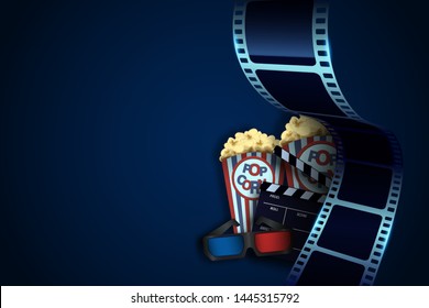 Popcorn box, cinema glasses and clapper board on the film strip background. Movie poster template for the film industry. 3d flyer or poster festival. Cinema concept for your design.Vector illustration