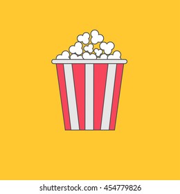 Popcorn box. Cinema movie line icon in flat design style. Yellow background. Vector illustration