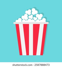 Popcorn box. Cinema movie night icon. Big size white red strip box package. Pop corn food. Simple Flat design style. Movie Film festival banner template. Isolated. Blue background. Vector illustration