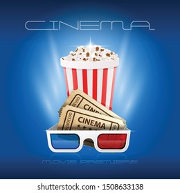 Popcorn box, cinema tickets and 3d glasses - movie premiere, first opening night