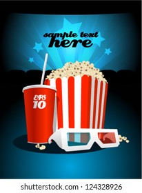 Popcorn box with cola and 3D glasses on the background screen cinema.