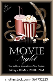 Popcorn-Box mit Cola und 3D-Brille auf der Hintergrund-Leinwand Kino. Filmplakat, Banner oder Flyer. Vektorgrafik