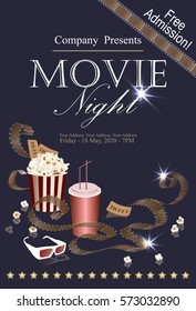Popcorn box with cola and 3D glasses on the background screen cinema. Movie poster, banner, or flyer. Vector illustration