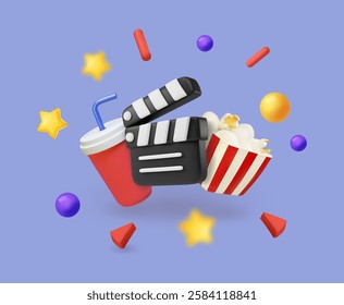 Popcorn box, cola cap with straw, film clapper board. Cinema Poster Design Template. Film Movie Concept Video cartoon poster vector
