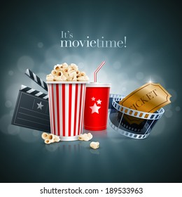 Popcorn box, disposable cup for beverages with straw, film strip, ticket and clapper board. Detailed vector illustration. EPS10 file.