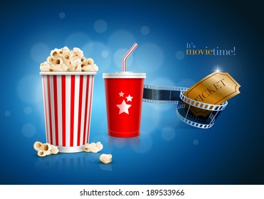 Popcorn box, disposable cup for beverages with straw, film strip and ticket. Detailed vector illustration. EPS10 file.