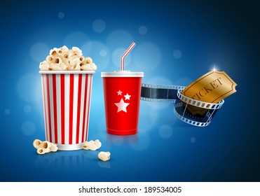 Popcorn box, disposable cup for beverages with straw, film strip and ticket. Detailed vector illustration. EPS10 file.